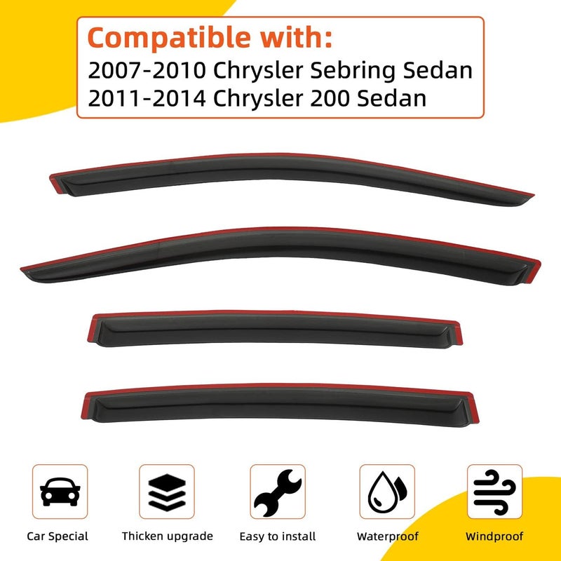 PLDDE Rain Guards Compatible with 2007-2010 Chrysler Sebring, for 2011-2014 Chrysler 200 Sedan Acrylic Tape-On Side Window Visor Wind Deflector Vent Visors Car Accessories 4pcs - Image 2